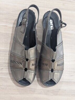 Ara Shoes Wedge Slingback Sandals Sz 7G US 9.5W Bronze Metallic Leather *See Pic
